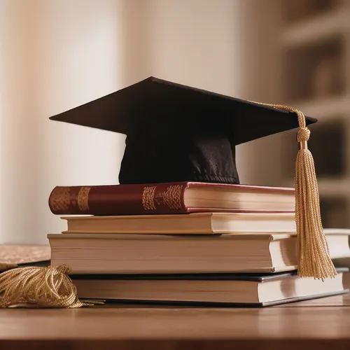 An image of a graduation hat on top of books