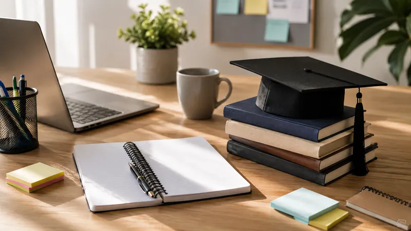 An image of a desk with a laptop and graduation cap
