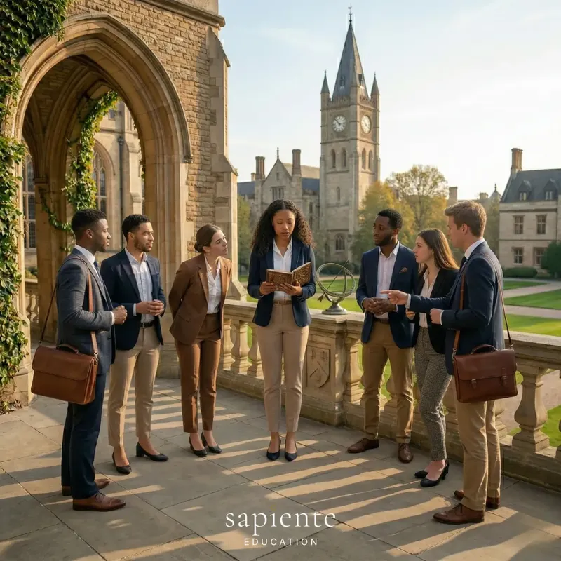 A group of students reading a book outside a university