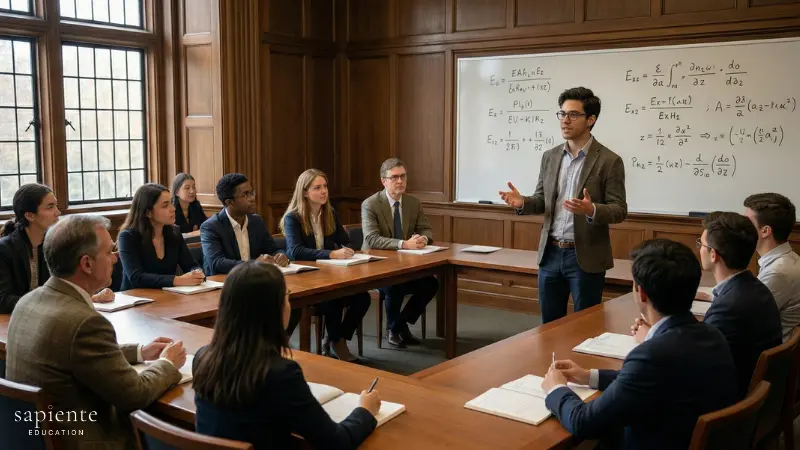 A students defending his thesis with a panel of professors