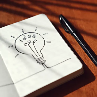 An image of a small notekook with the drawing of an idea bulb