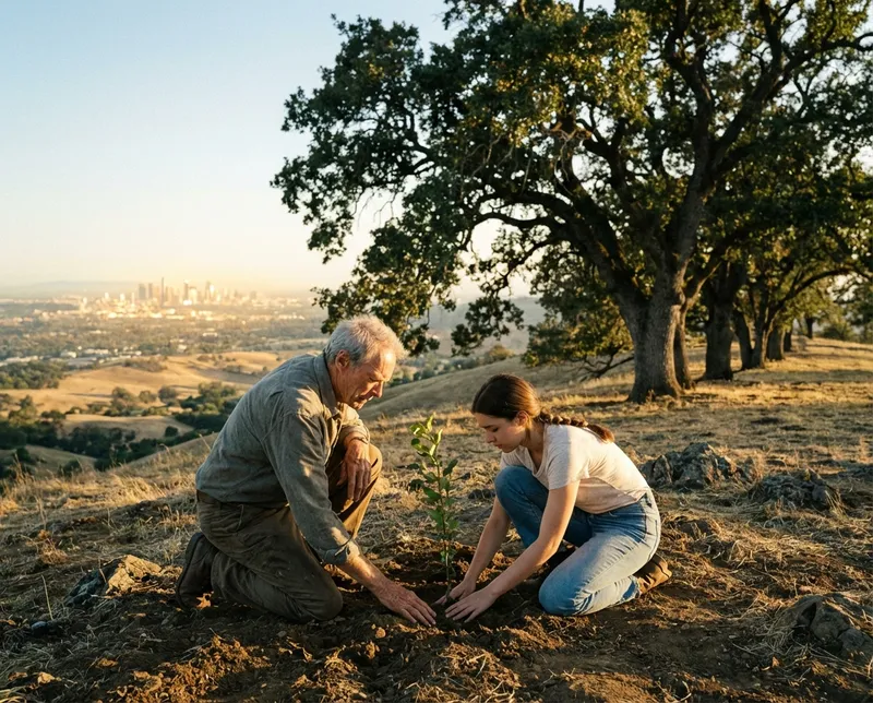 A mentor and a student planting a tree
