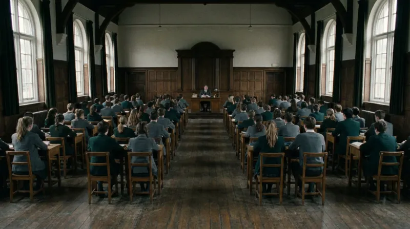 A classroom with many students sitting and a professor teaching