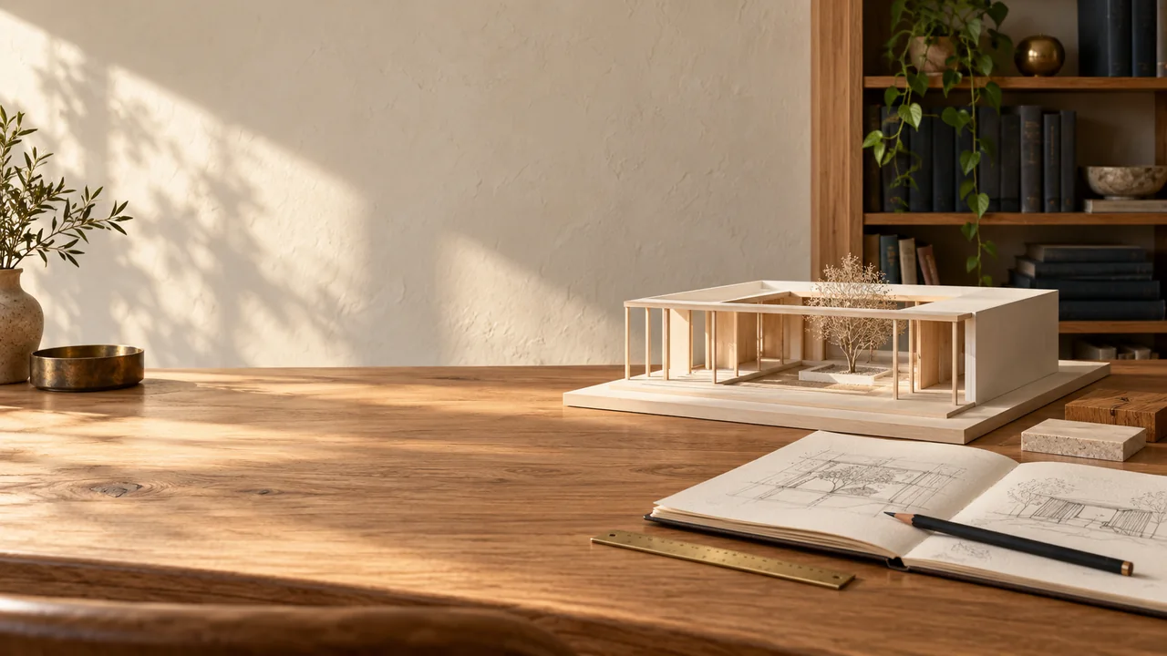 Architecture studio desk with a courtyard building model, sketches and drawing tools