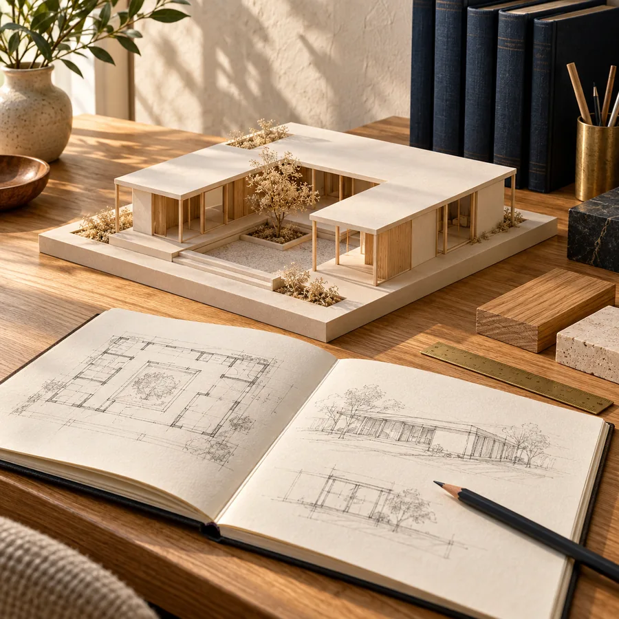 Architectural scale model and sketchbook with drawing tools on an oak studio desk