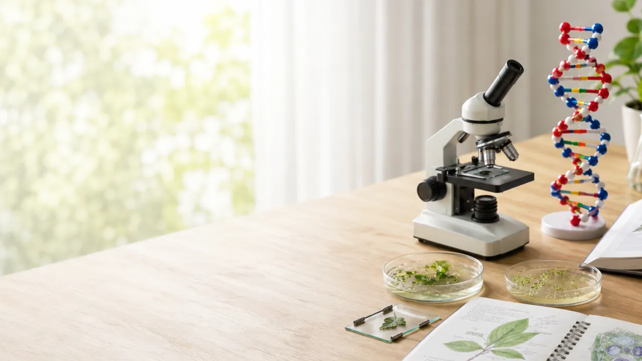 Biology workspace with scientific books, natural specimens, and laboratory materials