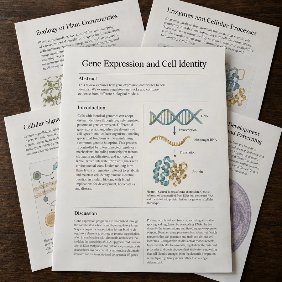 Academic papers on biology arranged in an overlapping stack on a wooden table