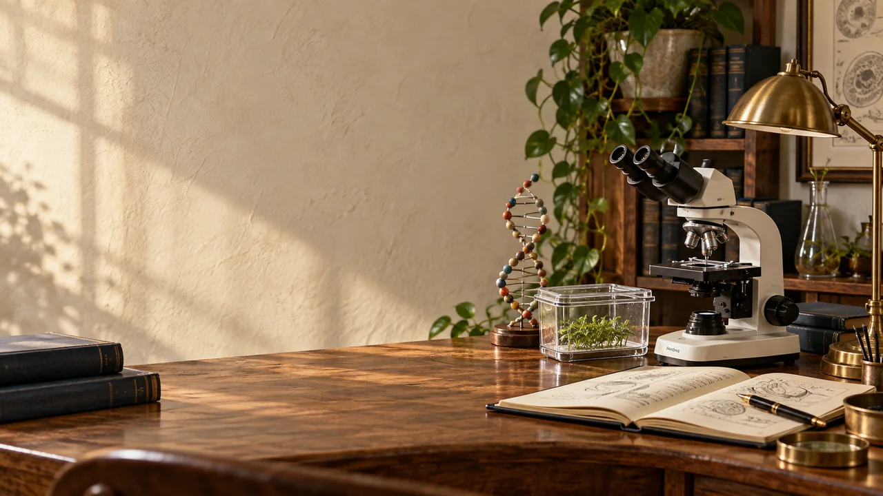 Biotech study desk with a microscope, DNA model, plant culture vessel and notebook