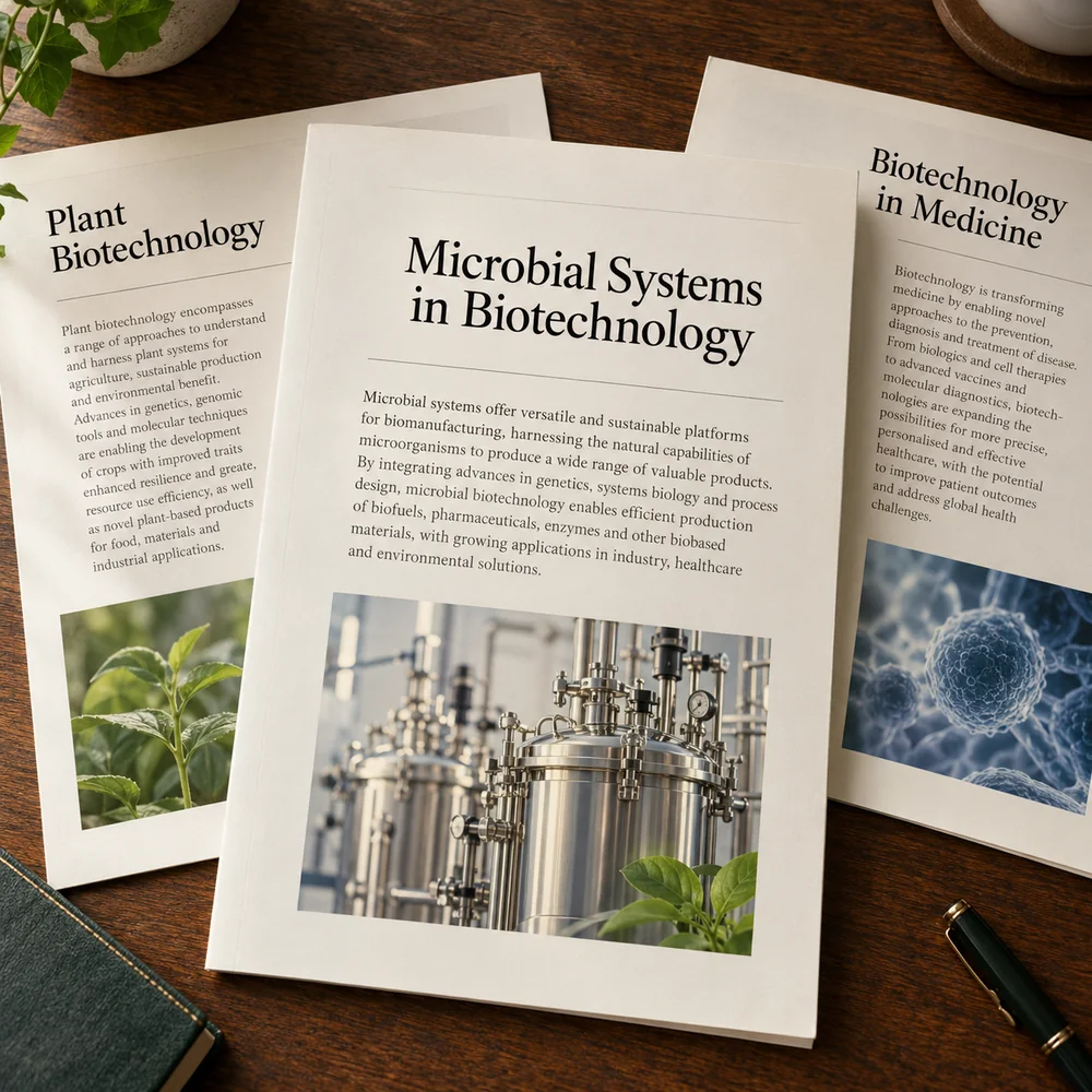 Illustrative biotechnology research papers on microbial systems, plant biotechnology and medical applications arranged on a wooden table