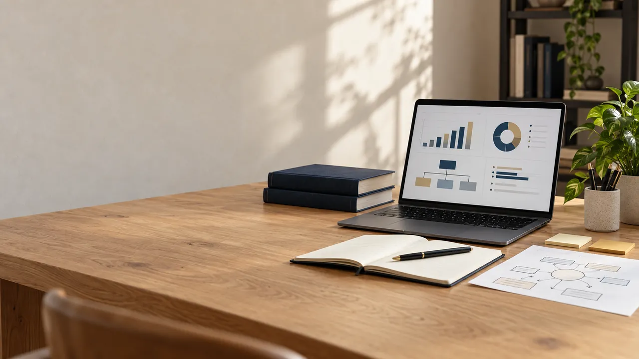 Business management study desk with a laptop, planning notes and an open notebook