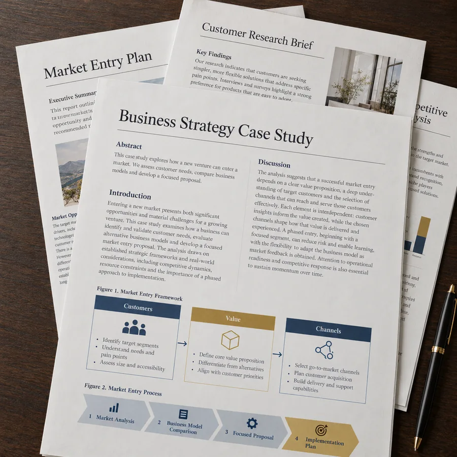 Business strategy case studies and market research reports arranged on a wooden table