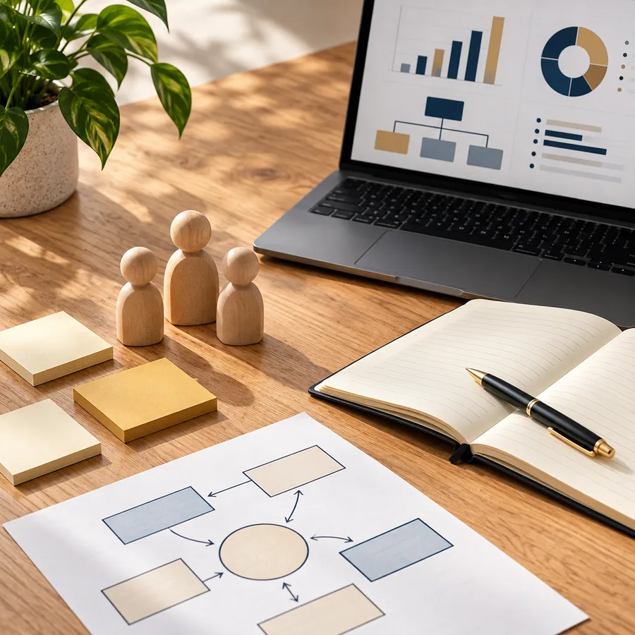Business management planning desk with team figures, a notebook and a strategy sketch