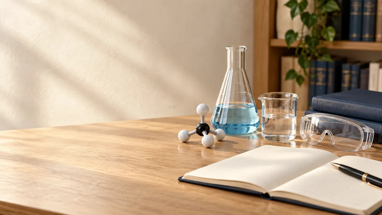 Chemistry study desk with laboratory glassware, a molecular model and an open notebook