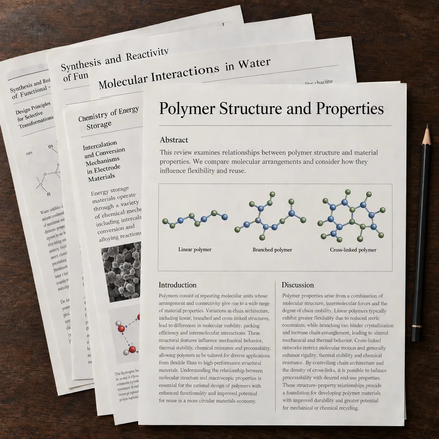 Academic papers on chemistry arranged in an overlapping stack on a wooden table