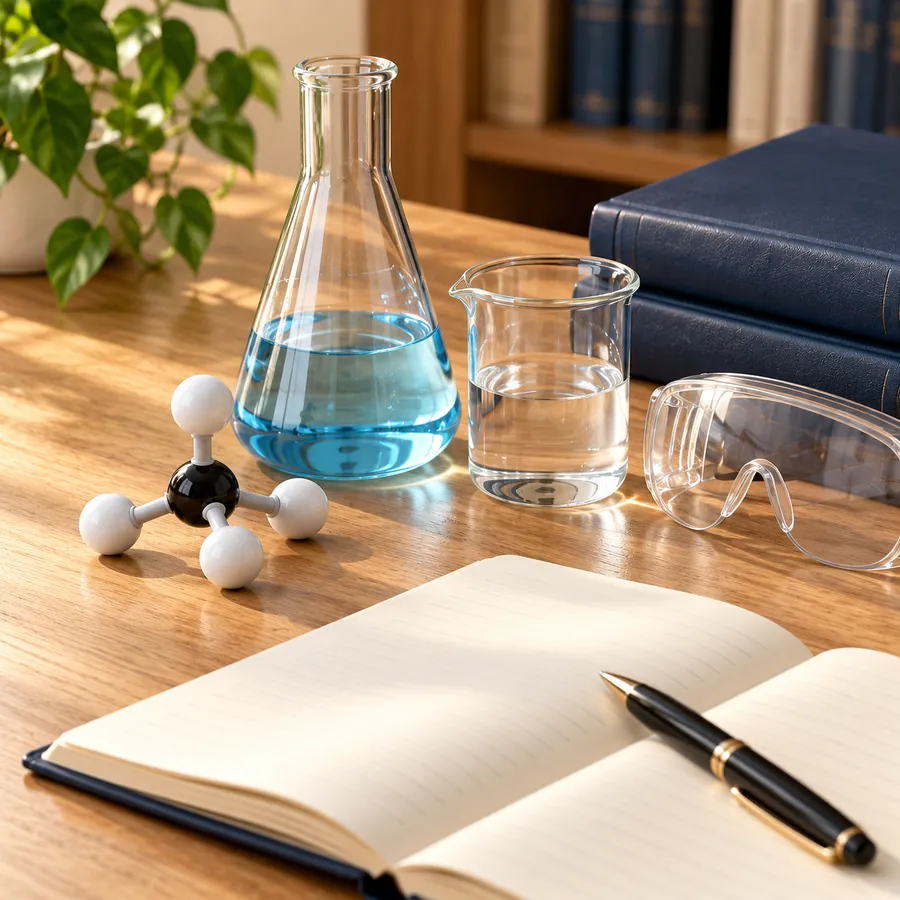 Chemistry study materials with glassware, a molecular model and notebook on an oak desk