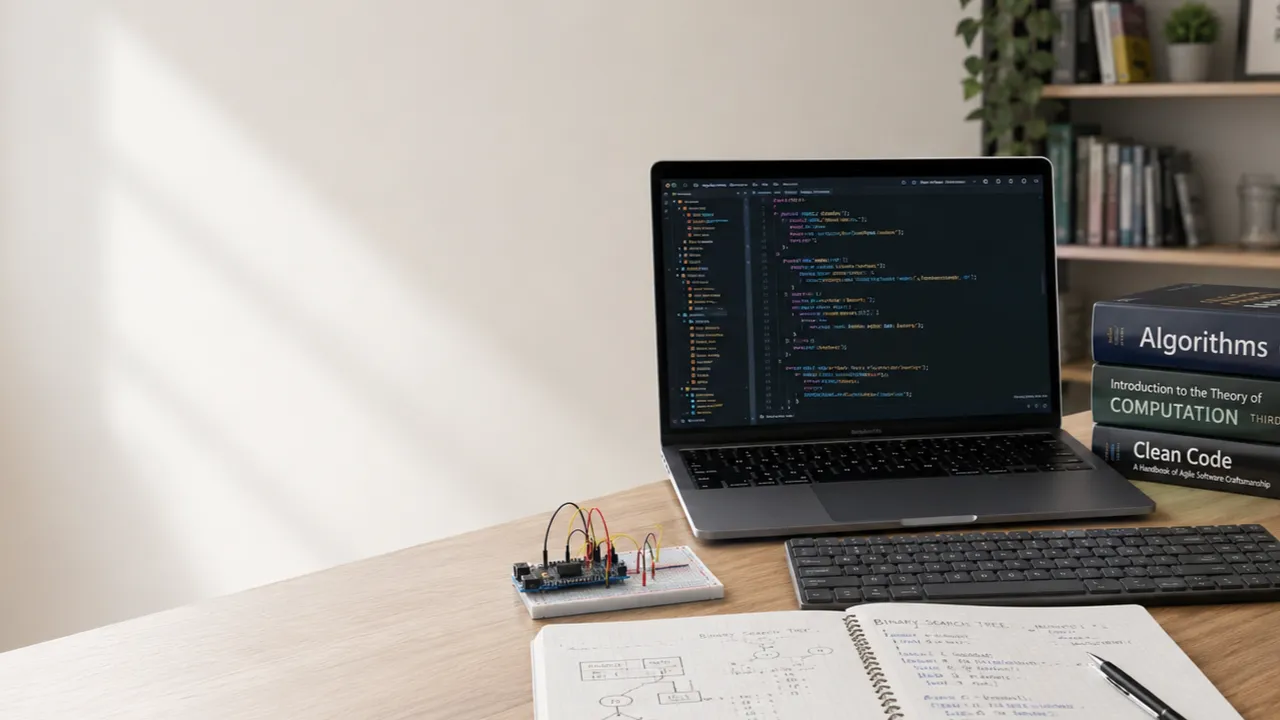 Computer science workspace with code, books, and modern computing equipment
