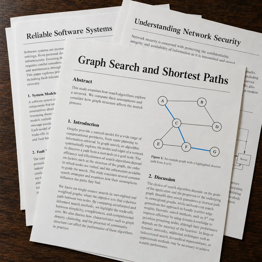 Academic papers on computer science arranged in an overlapping stack on a wooden table