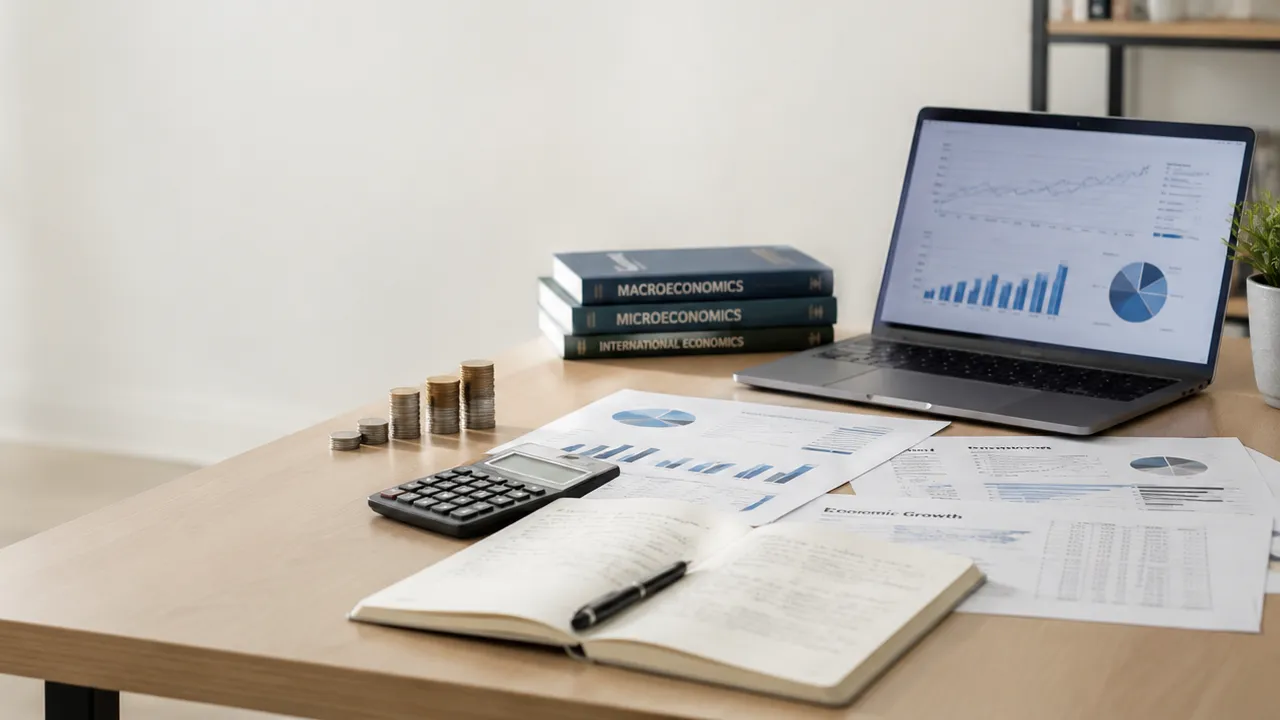 Economics study desk with charts, books, and financial documents