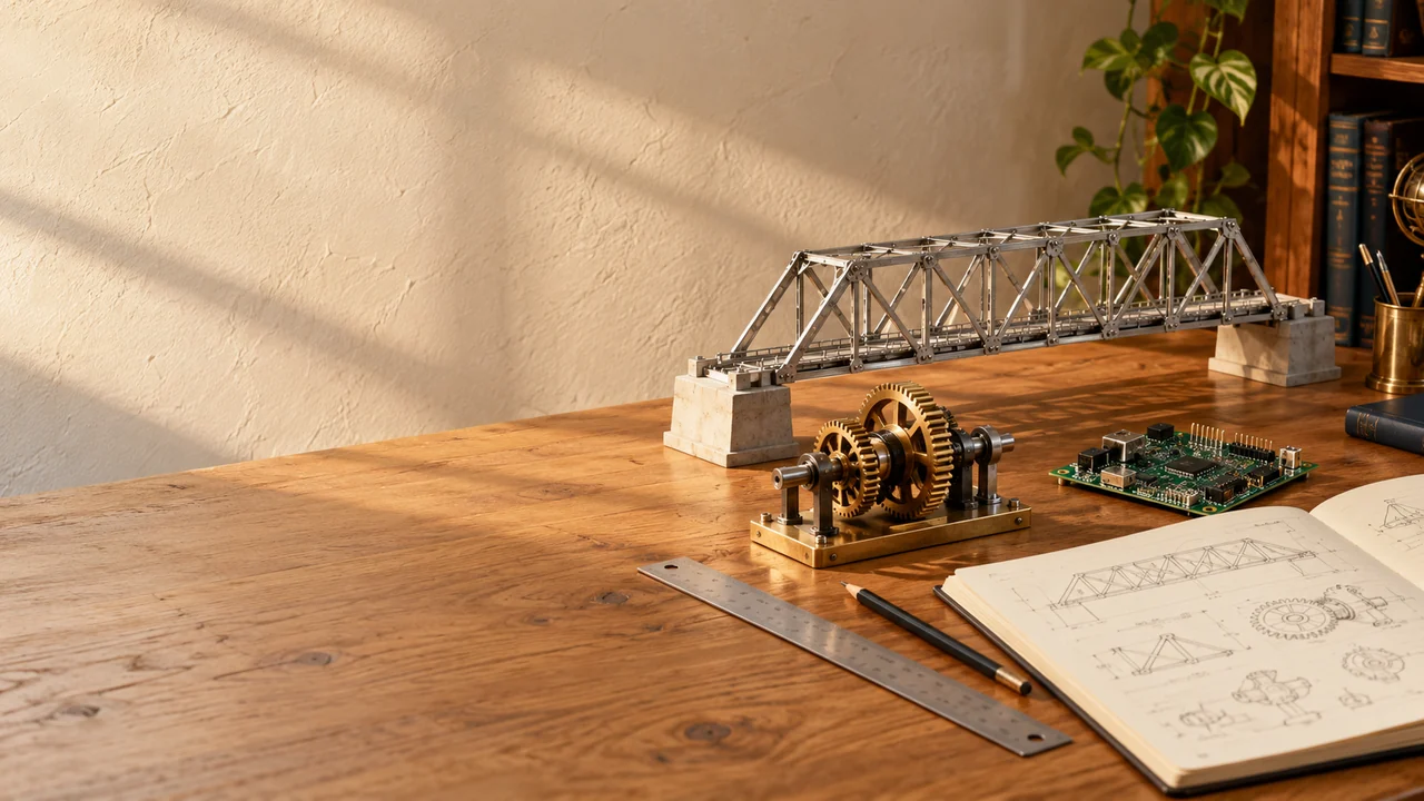 Engineering study desk with a truss bridge model, gears, a circuit board and a sketchbook