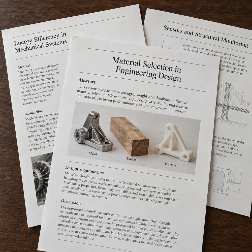 Engineering research papers on material selection, energy efficiency and structural monitoring arranged on a wooden table