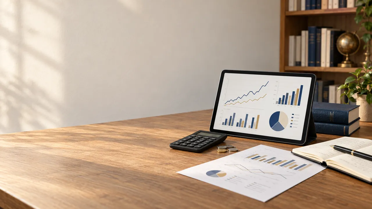 Finance study desk with a tablet, calculator, financial charts and an open notebook