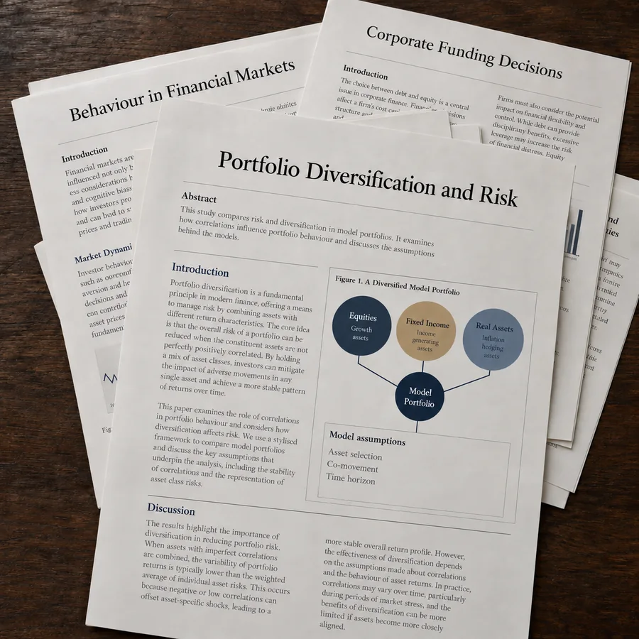 Academic papers on finance arranged in an overlapping stack on a wooden table