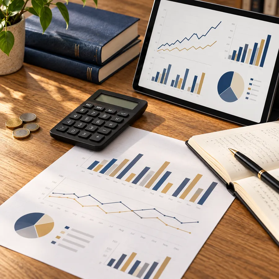 Finance study materials with a calculator, tablet, charts and notebook on an oak desk