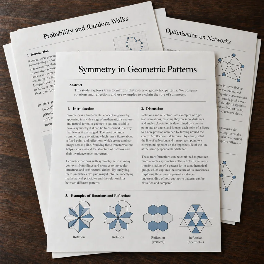 Academic papers on mathematics arranged in an overlapping stack on a wooden table