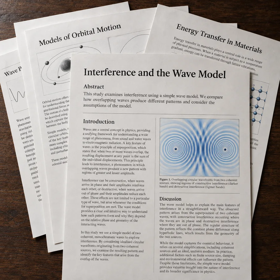Academic papers on physics arranged in an overlapping stack on a wooden table