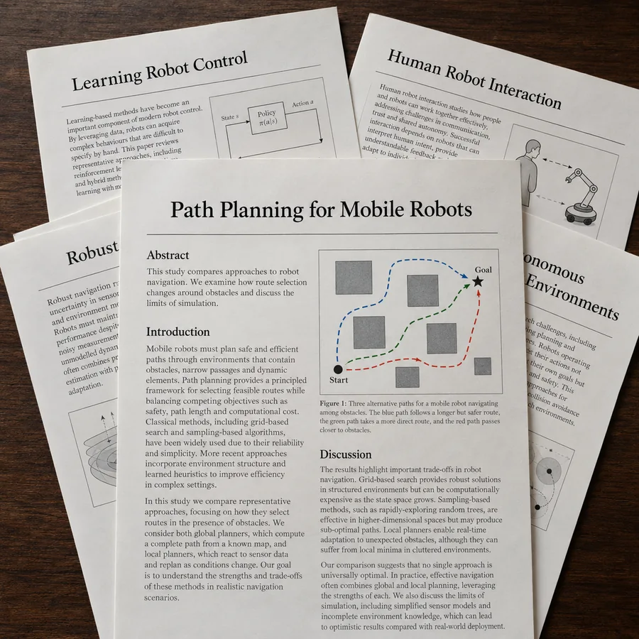 Academic papers on robotics arranged in an overlapping stack on a wooden table