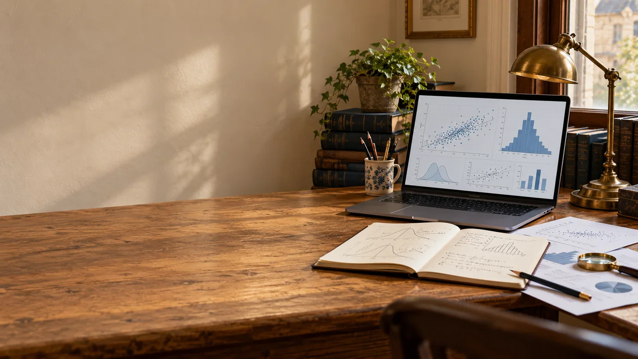 Statistics and data science study desk with a laptop, an open notebook and printed data plots