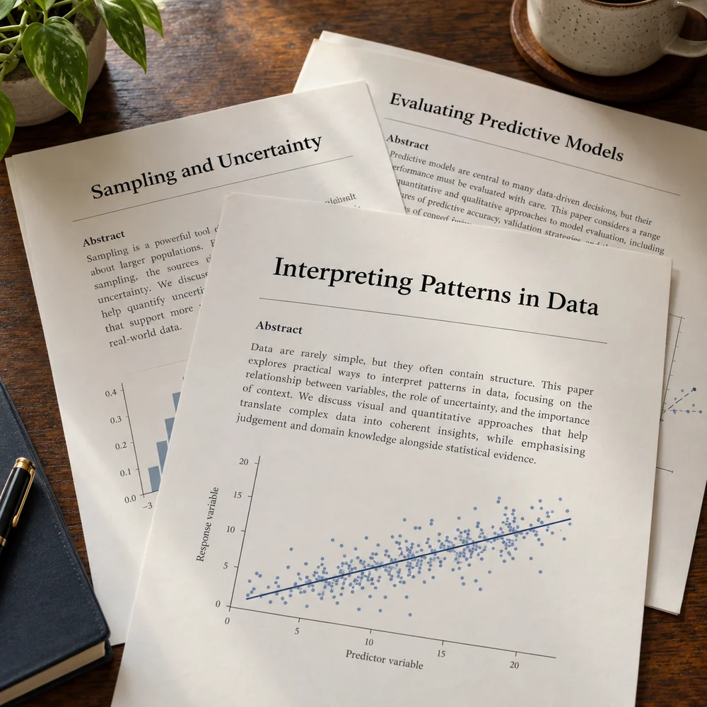 Illustrative statistics research papers on data patterns, sampling and predictive models arranged on a wooden desk